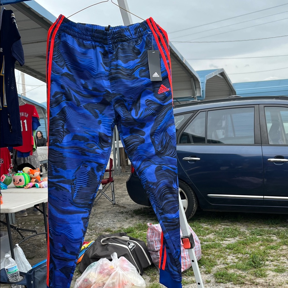 Adidas Kids Camo Blue Joggers with Red Stripes